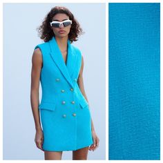 Nwt. Zara Turquoise Textured Waistcoat Dress With Lapel Collar, Sleeveless, Flap Pockets At Front, Contrast Print Lining, Double Breasted Front Closure With Embossed Metal Buttons. Size M. Ref. 2850/469. Pit To Pit 18" Flat, Shoulders 14,5", Waist 16", Length 32". Formal Blue V-neck Outerwear, Blue Formal Summer Outerwear, Fitted Sleeveless Summer Outerwear, Tailored Sleeveless Summer Outerwear, Blue Sleeveless Spring Outerwear, Tailored Chic Blue Dress, Chic Fitted Light Blue Outerwear, Chic Fitted Summer Outerwear, Chic Light Blue Fitted Outerwear