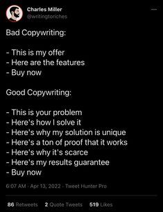 an iphone screen with the text'bad copy writing'on it, and two other texts