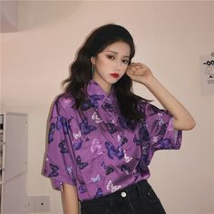 Product ID: JW4261 
 Material: Polyester 
 Color: Purple 
 Size Info: 
 One Size   Bust 120 cm, Length 75 cm, Sleeve 26 cm www.ccovv.com Vintage Butterfly Print, Look Grunge, Kawaii Shirts, Blouses Women, Ladies Blouse, Grunge Look, White Sneakers Women, Vintage Butterfly, Purple Butterfly