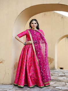 Aisha Pink Embroidered Brocade Lehenga Set (Set of 3) By Gulabo Jaipur now available at Trendroots Floor-length Brocade Choli With Dupatta, Navratri Brocade Lehenga With Dupatta, Navratri Brocade Choli With Intricate Embroidery, Brocade Anarkali Set With Resham Embroidery For Navratri, Chandbali Lehenga With Brocade Dupatta, Navratri Brocade Choli With Resham Embroidery, Diwali Brocade Choli With Intricate Embroidery, Festive Resham Embroidered Brocade Choli, Unstitched Banarasi Silk Set For Reception