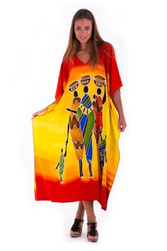 Enjoy your style even more. This long kaftan dress is great to wear out and make a statement of your own style. Comfortable and lightweight, this tribal dress is perfect for lunch dates, beach vacations, and parties. Feel comfortable and fashionable. length 49.5” width is 41” Hand-painted Tribal Design Made from 100% soft rayon Hand wash in cold water, hang to dry Summer V-neck Maxi Dress With Batik Print, Summer V-neck Tunic With Vibrant Print, Red Printed Maxi Dress For Beach Season, Casual Red Tunic For Vacation, Summer V-neck Kaftan With Vibrant Print, Red V-neck Tunic For Vacation, Oversized Red Bohemian Dress, Multicolor Tunic Beach Dress For Vacation, V-neck Batik Print Beach Dress