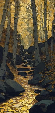 a painting of a stream running through a forest filled with rocks and trees in autumn