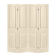 three paneled white room divider with doors on each side and one door open