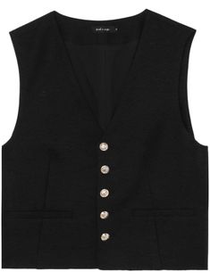 black textured finish dart detailing V-neck front button fastening sleeveless two front welt pockets straight hem full lining Sleeveless Business Outerwear With Button Closure, Sleeveless Business Vest With Buttons, Business Sleeveless Vest With Buttons, Formal Sleeveless Vest With Button Closure, Semi-formal Sleeveless Vest With Button Closure, Black V-neck Vest With Button Closure, Classic Single-breasted V-neck Vest, Sleeveless Blazer With Buttons For Tailoring, Semi-formal Sleeveless Outerwear With Button Closure