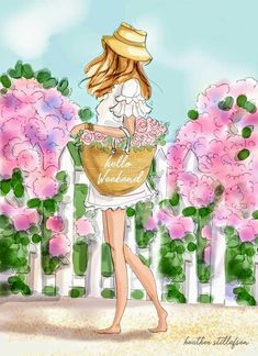 a drawing of a woman carrying a basket full of flowers in front of a white picket fence