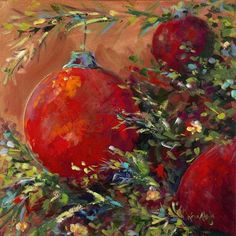 an oil painting of pomegranates and leaves