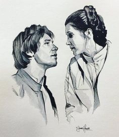 a drawing of two people facing each other with one woman's face to the side