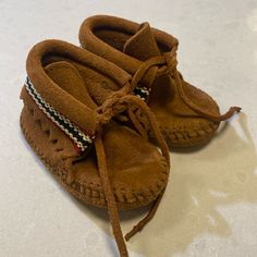 Never Worn, Excellent Condition. Casual Moccasins With Round Toe For Playtime, Casual Round Toe Moccasins For Playtime, Casual Round Toe Moccasins, Casual Leather Moccasins For Playtime, Brown Moccasins For Playtime With Round Toe, Brown Non-slip Moccasins With Round Toe, Brown Non-slip Round Toe Moccasins, Brown Casual Booties For Playtime, Casual Brown Booties For Playtime