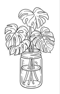 a drawing of a jar with some plants in it and one plant inside the jar