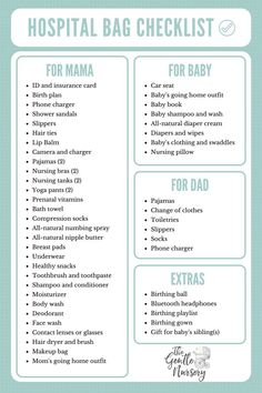 the hospital bag checklist is shown in blue and white, with instructions on how to use