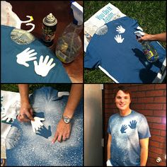 four pictures show the process of making t - shirts with handprints