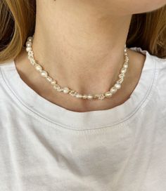 Trendy Adjustable Clavicle Chain Pearl Necklace, Everyday Pearl Beaded Necklace, Trendy Handmade Adjustable Pearl Necklace, Trendy Pearl Choker As Gift, 16 Inch White Pearl Necklace For Gifts, White Pearl Choker Necklace For Everyday, Everyday White Pearl Choker Necklace, Everyday Handmade Pearl Beaded Necklaces, Dainty Handmade Pearl White Beaded Necklaces