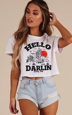 Country Deep Hello Darlin Cropped women's T shirt Fabric: 3.5 oz., 65% polyester, 35% combed ringspun cotton, 40 singles for extreme softness Features: Cropped raw edge, bottom hem, and raw edge sleeves 1x1 baby rib neckline Tear away label Sublimation friendly Trendy Pre-shrunk Cotton Cropped T-shirt, Trendy Cropped Soft-washed T-shirt, Soft-washed Cotton Cropped T-shirt For Spring, Trendy Cotton Tops With Sublimation Print, Occasional Outfits, T Shirt Fabric, Hello Darlin, Country And Western, Concert Outfit Summer