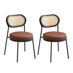 two brown leather chairs with black legs and backrests, one has a round seat