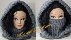 two pictures of a mannequin wearing a knitted hood