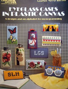 an advertisement for eyeglass cases in plastic canvass, featuring glasses and other items