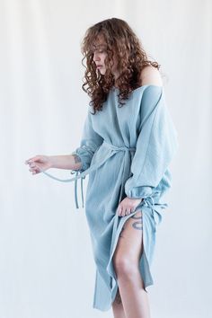 Super soft double gauze dress in cloudy sky color. - Handmade from 100% double gauze cotton - Loose fit for extra comfort - Wide boat neckline - Long sleeves with ties - Tie belt - Side seam pockets - Available in XXS-XXL - Cut and sewn to order in our studio - Color - cloudy sky (available in any other color of listed cotton) Spring Cotton Gauze Dresses For Loungewear, Spring Cotton Gauze Loungewear Dresses, Water Inspired Outfits, Double Gauze Dress, Tie Belt Dress, Sky Color, Gauze Dress, Belt Dress, Dress Handmade