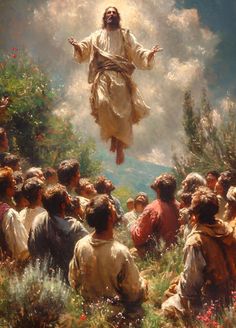 a painting of jesus ascending from the sky above a group of people in a field