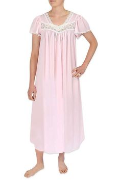 Nightgown Long, Long Nightgown, Pajamas Comfy, Nightgowns For Women, Lace Neckline, Applique Embroidery, Nightgowns, Feminine Outfit, Long Gown