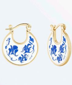 Elegant Enamel Earrings With Artistic Design, Round Blue Jewelry For Spring, Blue Round Jewelry For Spring, Blue Hoop Earrings For Spring Gift, Blue Round Spring Jewelry, Elegant Enamel Hoop Earrings, Trendy Blue Enamel Jewelry, Artistic Blue Jewelry For Summer, Elegant Blue Hoop Earrings For Summer