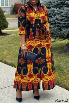 OliviaMark - Schicke und vielseitige Alltagskleidung: Raffiniertes Kleid mit gemischtem Druck, Gürtel und stilvollem Kontrast-Hemdkragen Casual Chique Stijl, Mixed Print Dress, Long African Dresses, Contrast Dress, Style Casual Chic, Afrikaanse Mode, Casual Chique, African Fashion Women Clothing, African Traditional Dresses