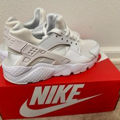 White Nike Huarache New With Box. 4y Sporty White Huaraches With Round Toe, White Sporty Huaraches With Round Toe, White Lace-up Casual Huaraches, White Sports Huaraches With Round Toe, White Sport Huaraches With Round Toe, White Huaraches For Sports With Round Toe, White Slip-on Casual Huaraches, White Nike Huarache, Nike Shoes Huarache