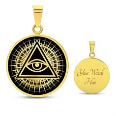 "Unique Personalized All Seeing Eye Necklace!  ➜ Our patent-pending jewelry is made of high quality surgical steel with a shatterproof liquid glass coating to protect the high resolution printed image. ➜ Our jewelry is hand-made in the U.S.A. This Eye Of Providence Necklace Is the Perfect Keepsake! Whether for Yourself or a Loved One. ➜ If the custom engraving option is available, engrave onto the back of the pendant your loved one's name, your wedding date, an anniversary, or anything else you want to remember and keep you close to her heart. Each personalized piece offers exceptional craftsmanship that is fit to be an instant classic in your family. You can add 2 lines and each up to 20 characters long (including spaces).  Product Dimensions ➜ Luxury Necklace: 18-22\" (45-56cm) adjustabl Spiritual Stainless Steel Nickel-free Jewelry, Spiritual Stainless Steel Jewelry Round Shape, Spiritual Stainless Steel Jewelry, Customizable Black Stainless Steel Necklaces, Adjustable Stainless Steel Medallion Jewelry, Symbolic Stainless Steel Medallion Jewelry, Customized Black Stainless Steel Necklace, Symbolic Personalized Stainless Steel Jewelry, Personalized Symbolic Stainless Steel Jewelry