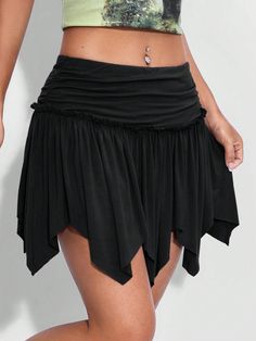 Women's Solid Color Pleated Asymmetrical Hem Skirt Black Casual   Knitted Fabric Plain A Line,Asymmetrical Medium Stretch  Women Clothing, size features are:Bust: ,Length: ,Sleeve Length: Asymmetrical Black Skirt, Asymmetrical Skirt Outfit, Black Sheer Skirt, Fun Skirts, Sew Skirt, Grunge Skirt, Skirt Images, Gothic Skirts, Party Rock