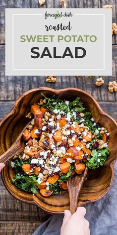 a wooden bowl filled with sweet potato salad