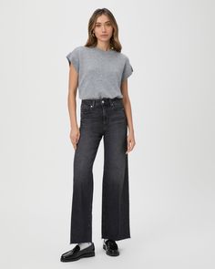 This high-waisted wide leg has an easy, relaxed fit with a raw hem and a 31” inseam. This pair is cut from PAIGE VINTAGE denim in washed black with lived-in details. PAIGE VINTAGE takes all of the work out of breaking in your favorite pair of vintage jeans. We've combined the comfort of stretch with everything you love about authentic vintage denim to create super soft jeans that feel perfectly lived-in from the very first wear. | Anessa 31 Inch Wide Leg Jean - Viper Black Distressed | Size 32 Confessions Of A Shopaholic, Soft Jeans, Fall Winter Wardrobe, Denim Branding, Grey Wash, Leather Dresses, Fall Winter Style, Bottom Clothes, Vintage Jeans