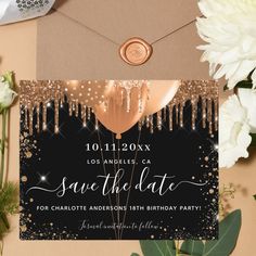 a black and gold party save the date card with balloons, streamers and confetti