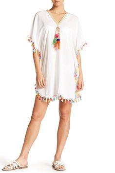 White Kaftan Style Tunic with Multi Colored Tassels and Ties - Hot Boho Resort & Swimwear Beach Kaftan Dress, Designer Resort Wear, White Kaftan, Vacation Dresses Beach, Beach Kaftan, Kaftan Style, Swimsuit Beach, Summer Beach Vacation, Luxury Swimwear