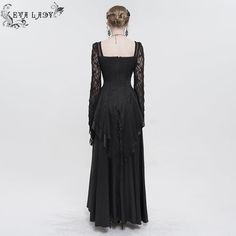 A gothic satin lace dress. It features a floor length hemline, printed fabric, structured bodice and full sleeves. The bodice is bordered with lace and embellished with a beaded and embroidered gothic patch. Product specifications: Style: GothicMaterial: Polyester 85%, Polyamide 10%, Spandex 5% Fitted Long Sleeve Evening Dress With Lace Bodice, Long Sleeve Corset Dress For Prom, Gothic Long Sleeve Corset Dress For Evening, Long Sleeve Corset Dress For Halloween Evening, Black Lace Trim Floor-length Gown, Fitted Lace Corset Dress With Long Sleeves, Black Floor-length Gown With Lace Trim, Long Sleeve Corset Dress For Prom With Fitted Bodice, Gothic Victorian Dress With Fitted Bodice For Evening