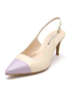 Editor's NotesAMELLIE's shoes can be matched for various formal and casual stylings.- Classical and sophisticated mood- Color that goes well with spring- Lavender color point- Soft leather texture- Modern design- Daily point itemMeasurements(in.)- Size KR 225MM ~ 250MM (US 5.5 ~ 8)- Heel : 2.75 in.*Fits true to size*In the case of a slingback  the heel may come out of the shoes even if it is regular size to you. If you are not comfortable with this part  I recommend you to order shoes one size l Beige Leather Sole Court Shoes For Spring, Spring Beige Court Shoes With Leather Sole, Formal Slingback Pumps With Contrasting Heel Counter, Office Heels With Leather Sole For Spring, Beige Leather Sole Court Shoes For Formal Occasions, Spring Business Court Shoes With Contrasting Heel, Feminine Spring Formal Court Shoes, Leather Sole Court Shoes For Office In Spring, Luxury Spring Court Shoes With Low Heel