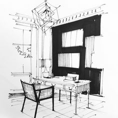 a black and white drawing of a room with a desk, chair, and window