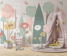 a child's room with flowers and trees painted on the wall, including a teepee tent