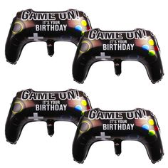 three inflatable game on balloons are shown with the words, it's your birthday