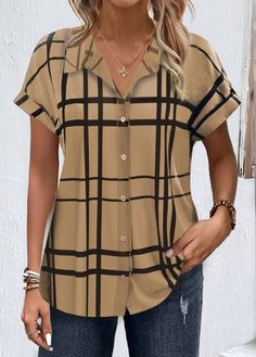 Package Contents : 1 X Blouse Color : Dark Coffee Printing Design : Plaid,Striped,Geometric, Print Placement Will Vary Clothing Length : Tunic Back Length(inch) :XXSXSSMLXLXXL25.025.626.226.827.728.829.41X2X3X4X17.317.818.419.0Note: The inaccuracy is between 1 and 1.5 inches due to manually measurement.Sleeve's Length : Short Sleeve Neckline : Shirt Collar Sleeve Style : Body Sleeve Season : Summer Style : Casual Occasion : Everyday Composition : 95% Polyester 5% Spandex Cheap Button-up Blouse For Work, Cheap Business Casual Blouse With Placket, Womens Shirts And Blouses, Cheap Women's Blouse With Placket, Cheap Office Wear Shirt For Fall, Clothes For Women Blouses, Cheap Casual Office Dress Shirt, Cheap Summer Business Casual Blouse, Women Dress Tops Blouses