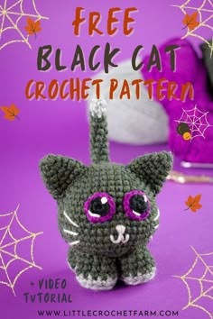 a crocheted black cat with purple glasses on it's head and the text free black cat crochet pattern