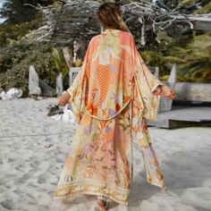 Gorgeous Mermaid Dreams Boho Printed Coral Orange Long Kimono Duster Robe With Seashells And Reef Design With A Mermaid On The Backside. Front Side Has Double Pockets, Matching Sash Tie, Side Slits And Under Underarm Kimono Style Sleeves. This Can Be Worn As A Robe, Swim Beach Coverup Or Over Your Daytime Outfit. Luxurious Light Material. Our Boutique Is Filled With A Curated Collection Of Styles: Spell Gypsy Boho Bohemian Hippie Retro Vintage Handmade Coachella Festival Free People Anthropologi Orange Mermaid, Long Kimono Cardigan, Gilet Kimono, Moda Kimono, Belted Wrap Coat, Mode Kimono, Bohemian Kimono, Cardigan Kimono, Floral Print Kimono