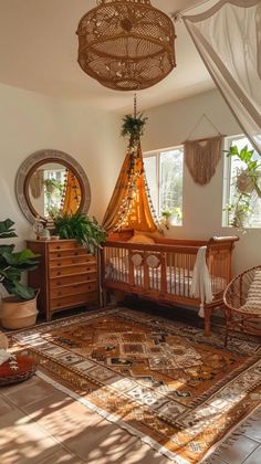 a baby crib in the middle of a room with lots of furniture and decor