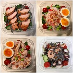 four pictures of different types of food in plastic containers on a counter top, including salads and eggs