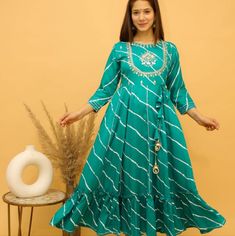 Brand New. Bollywood Indian Pakistani Kurthi Anarkali Gown. Fabric Rayon. Size M (Pit To Pit 38") L (Pit To Pit 40") Xl (Pit To Pit 42") Xxl (Pit To Pit 44") Designer Ankle-length Dresses For Eid, Floor-length Bandhani Print Kurta For Eid, Floor-length Bandhani Kurta For Diwali, Diwali Floor-length Kurta With Bandhani Print, Bollywood Style Ankle-length Kurta With Bandhani Print, Bollywood Style Ankle-length Bandhani Kurta, Ankle-length Designer Dress With Zari Work, Ankle-length Semi-stitched Dresses For Navratri, Eid Ankle-length Dress With Dupatta