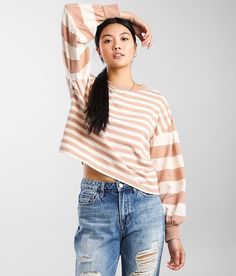 Z Supply Tempest Striped Sweatshirt - Cream/Pink X-Large, Women's Dustyamber Boxy drop shoulder sweatshirt Lightweight French terry lining Bust measures 42 on size small Body length 20 on size small Model Info: Height: 5'9 | Bust: 32 | Waist: 25 | Hip: 36 | Wearing Size: Small. 60% Cotton, 40% Polyester. Wash before wearing. Machine wash cold separately, inside out, gentle cycle. Do not bleach. Do not tumble dry. Lay flat to dry. Warm iron if needed.. Measurements: Bust -Fullest part of bust wit Fall Pink Drop Shoulder Top, Drop Shoulder Sweatshirt, Striped Sweatshirt, Dropped Shoulder Sweatshirt, Striped Sweatshirts, Sweatshirt For Women, Women's Sweatshirts, Waist Circumference, Rib Cage