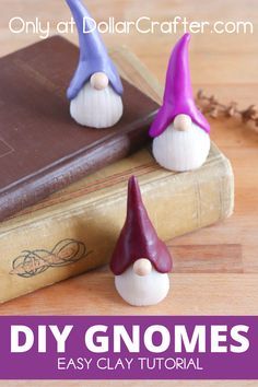 two gnomes sitting on top of a book with text overlay that reads, diy gnomes easy clay craft