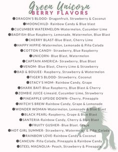 the green unicorn berry flavors list is shown