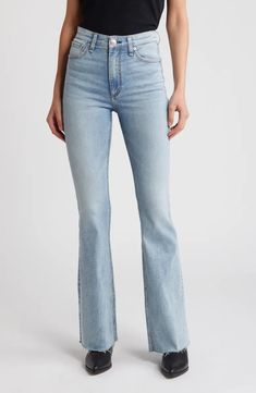 rag & bone Casey Raw Hem High Waist Flare Jeans | Nordstrom Stretch Full-length Flare Jeans With Frayed Hem, Stretch Full Length Flare Jeans With Frayed Hem, Straight Leg Stretch Flares With Frayed Hem, Stretch Straight Leg Flares With Frayed Hem, Medium Wash Flare Bottoms With Frayed Hem, Spring Flare Faded Jeans, Light Wash Stretch Flare Jeans, Spring Faded Flare Jeans, High-rise Medium Wash Flares With Five Pockets