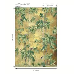 a room divider with trees and birds on the wall in front of gold background