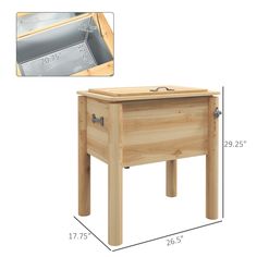 a wooden table with measurements for the top and bottom drawers on each side, along with an open drawer