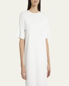 THE ROW "Gitu" Tshirt dress    Round neckline    Short sleeves    Shift silhouette    Full length    Slipover style    Viscose/polyester    Made in Italy White Shirt Dress, T Shirt Dress, Round Neckline, Tshirt Dress, The Row, Full Length, Tops Designs, Top Brands, White Dress